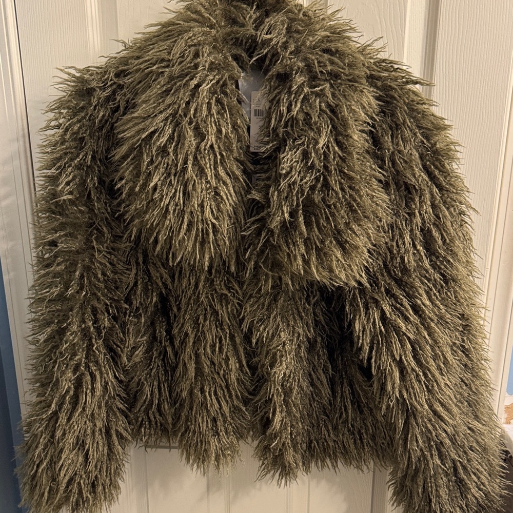 NVLT Olive Teddy Faux Fur Fringe Statement Jacket Shaggy Fuzzy Cozy Coat